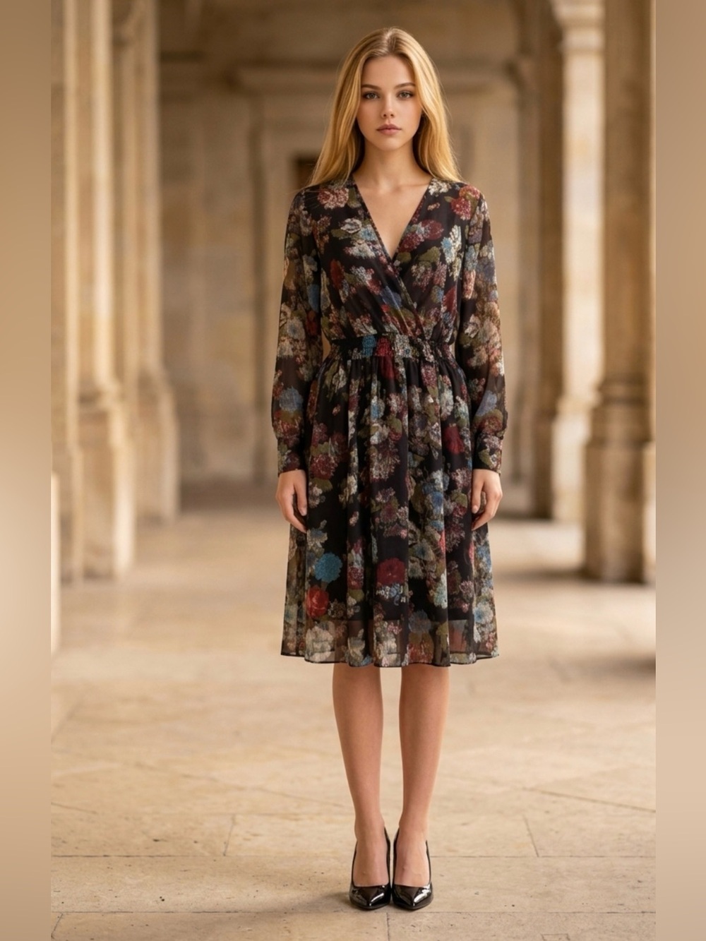 Sheer Floral Wrap Midi Dress in Black with Multicolor Blooms